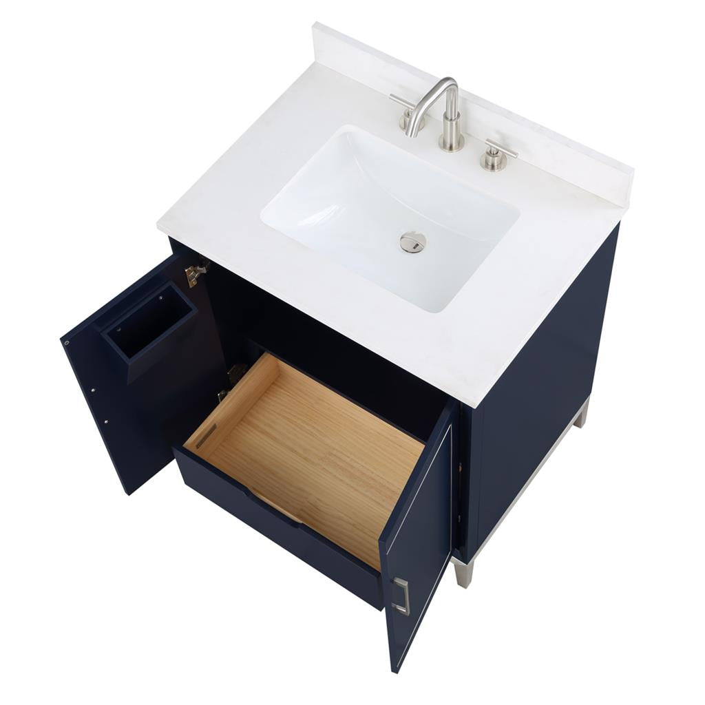 Bemma, Gracie 30" Single Vanity, Pacific Blue/Brushed Nickel, White Quartz Top#top-options_white-quartz-top