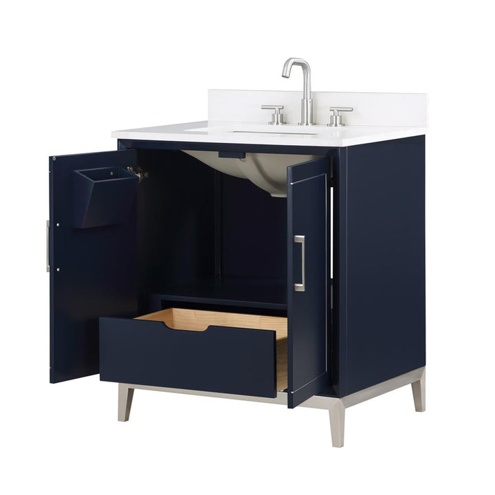 Bemma, Gracie 30" Single Vanity, Pacific Blue/Brushed Nickel, White Quartz Top#top-options_white-quartz-top