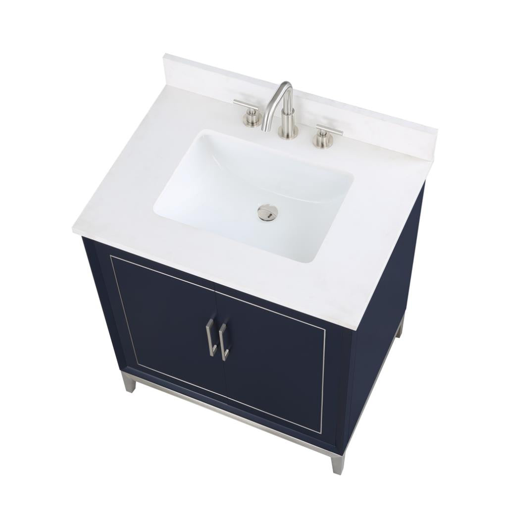 Bemma, Gracie 30" Single Vanity, Pacific Blue/Brushed Nickel, White Quartz Top#top-options_white-quartz-top