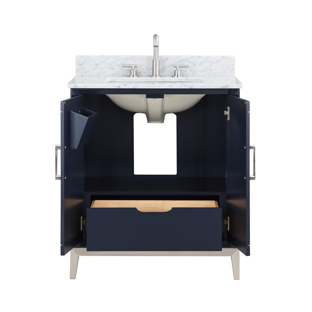 Bemma, Gracie 30" Single Vanity, Pacific Blue/Brushed Nickel, Carrara Marble Top#top-options_carrara-marble-top