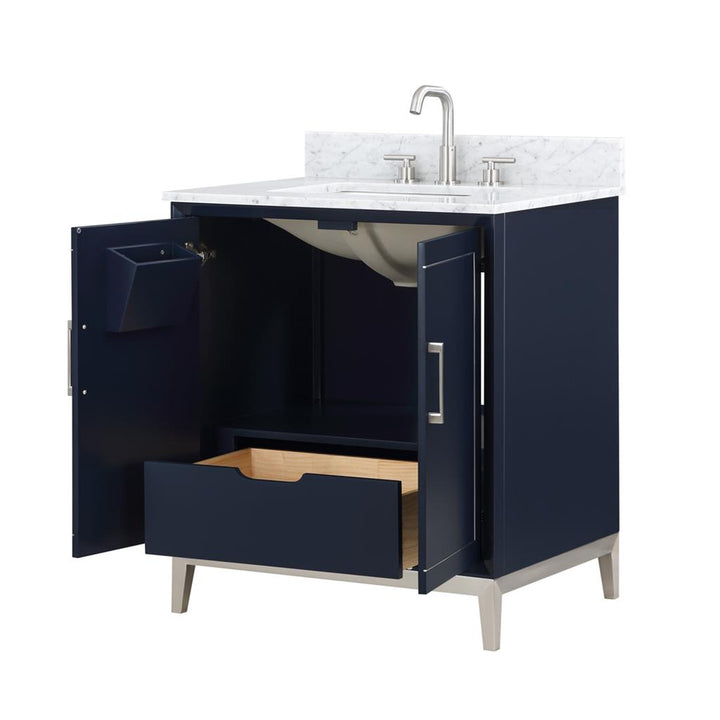 Bemma, Gracie 30" Single Vanity, Pacific Blue/Brushed Nickel, Carrara Marble Top#top-options_carrara-marble-top