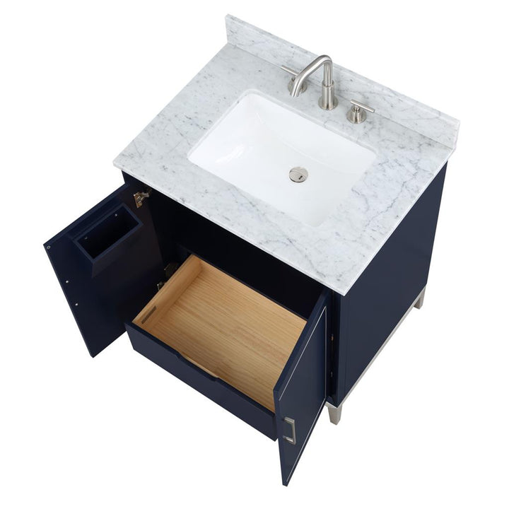 Bemma, Gracie 30" Single Vanity, Pacific Blue/Brushed Nickel, Carrara Marble Top#top-options_carrara-marble-top