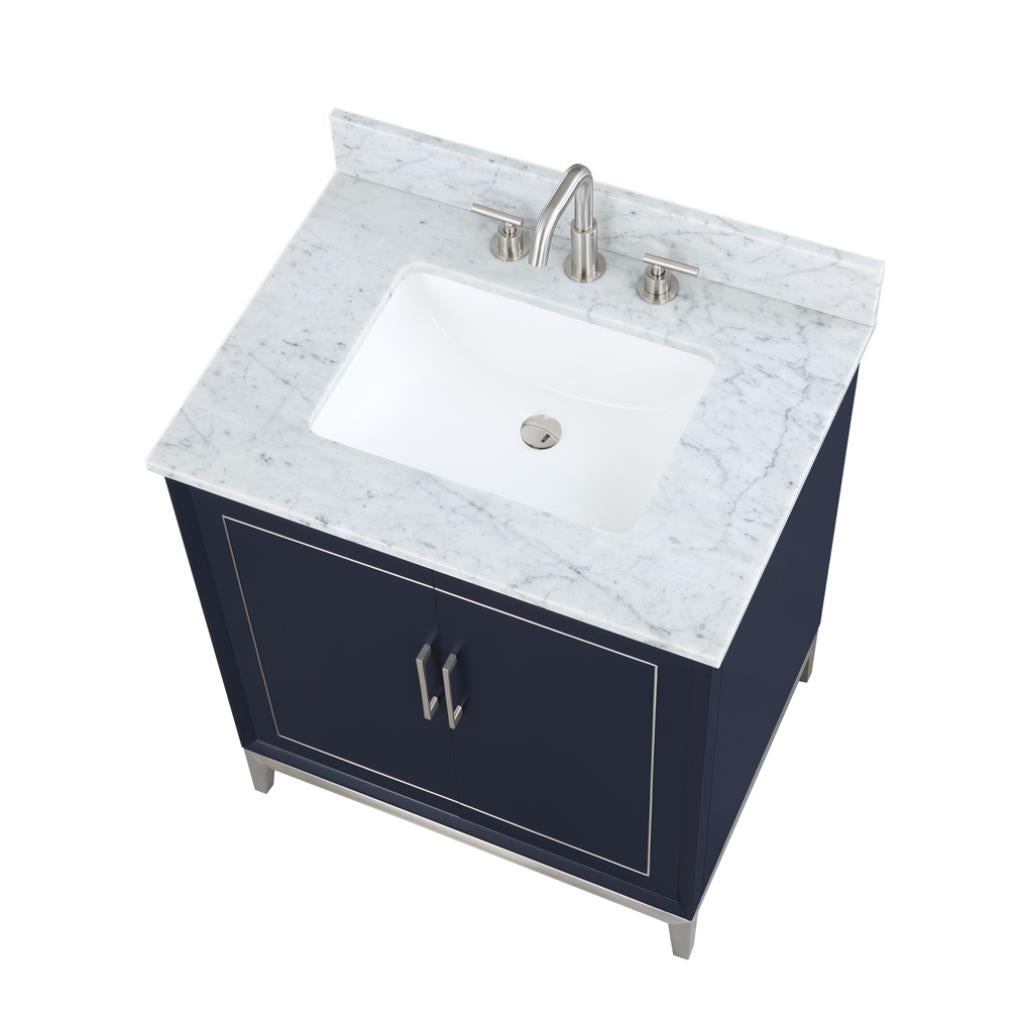 Bemma, Gracie 30" Single Vanity, Pacific Blue/Brushed Nickel, Carrara Marble Top#top-options_carrara-marble-top