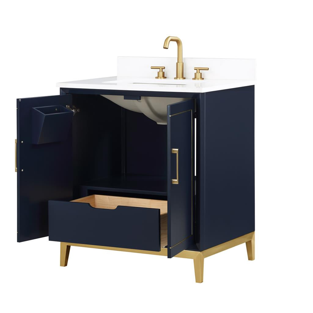 Bemma, Gracie 30" Single Vanity, Pacific Blue/Satin Brass, White Quartz Top#top-options_white-quartz-top