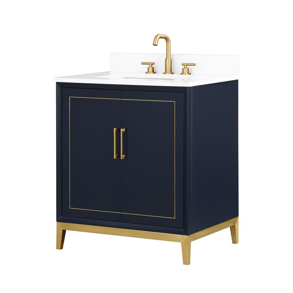 Bemma, Gracie 30" Single Vanity, Pacific Blue/Satin Brass, White Quartz Top#top-options_white-quartz-top