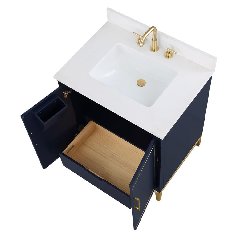 Bemma, Gracie 30" Single Vanity, Pacific Blue/Satin Brass, White Quartz Top#top-options_white-quartz-top