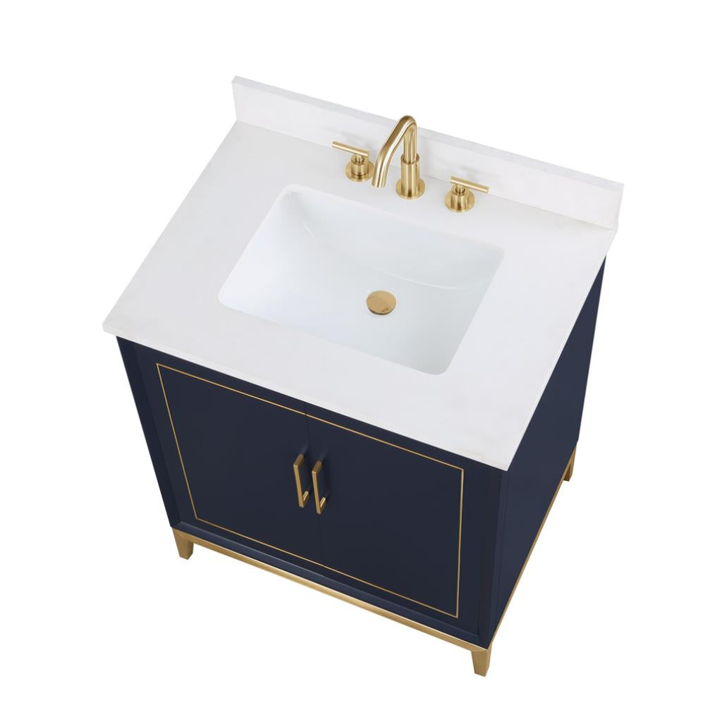 Bemma, Gracie 30" Single Vanity, Pacific Blue/Satin Brass, White Quartz Top#top-options_white-quartz-top