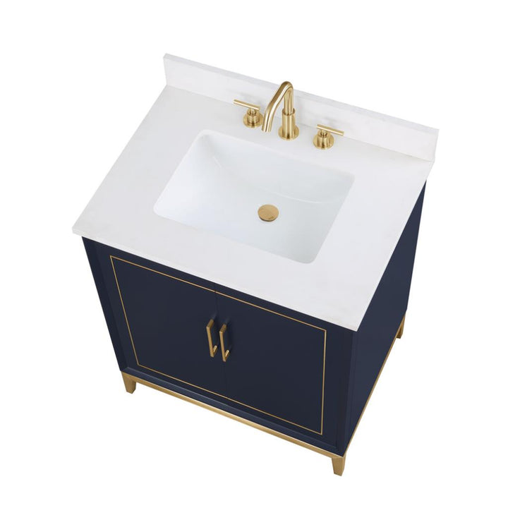 Bemma, Gracie 30" Single Vanity, Pacific Blue/Satin Brass, White Quartz Top#top-options_white-quartz-top