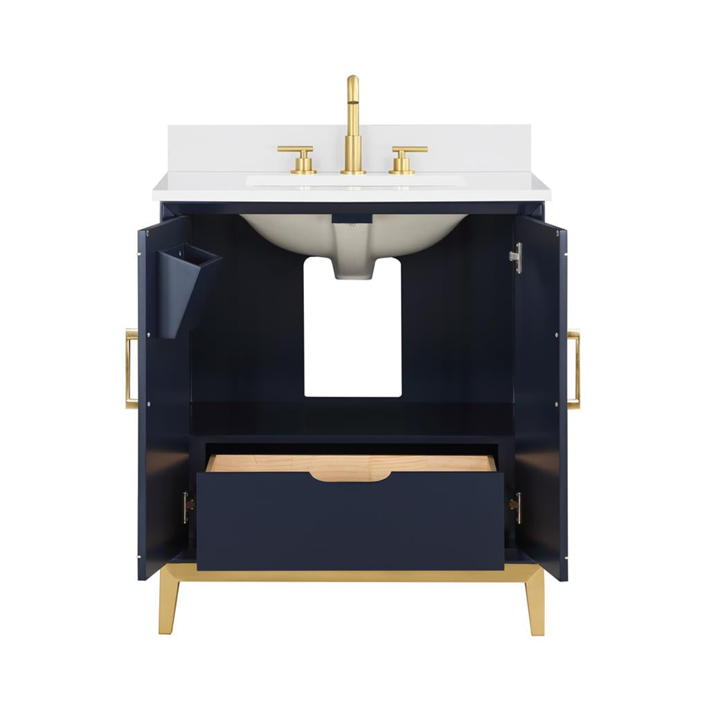 Bemma, Gracie 30" Single Vanity, Pacific Blue/Satin Brass, White Quartz Top#top-options_white-quartz-top