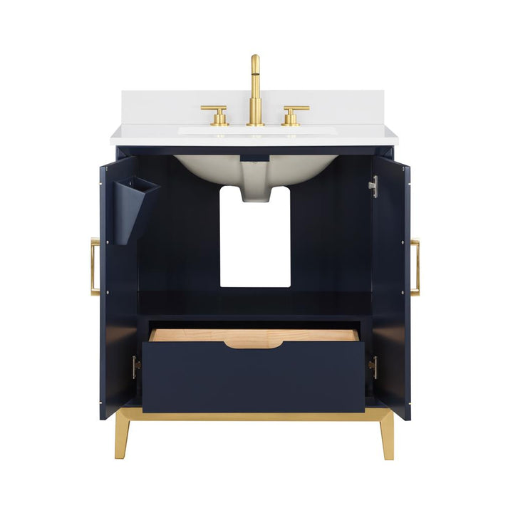 Bemma, Gracie 30" Single Vanity, Pacific Blue/Satin Brass, White Quartz Top#top-options_white-quartz-top
