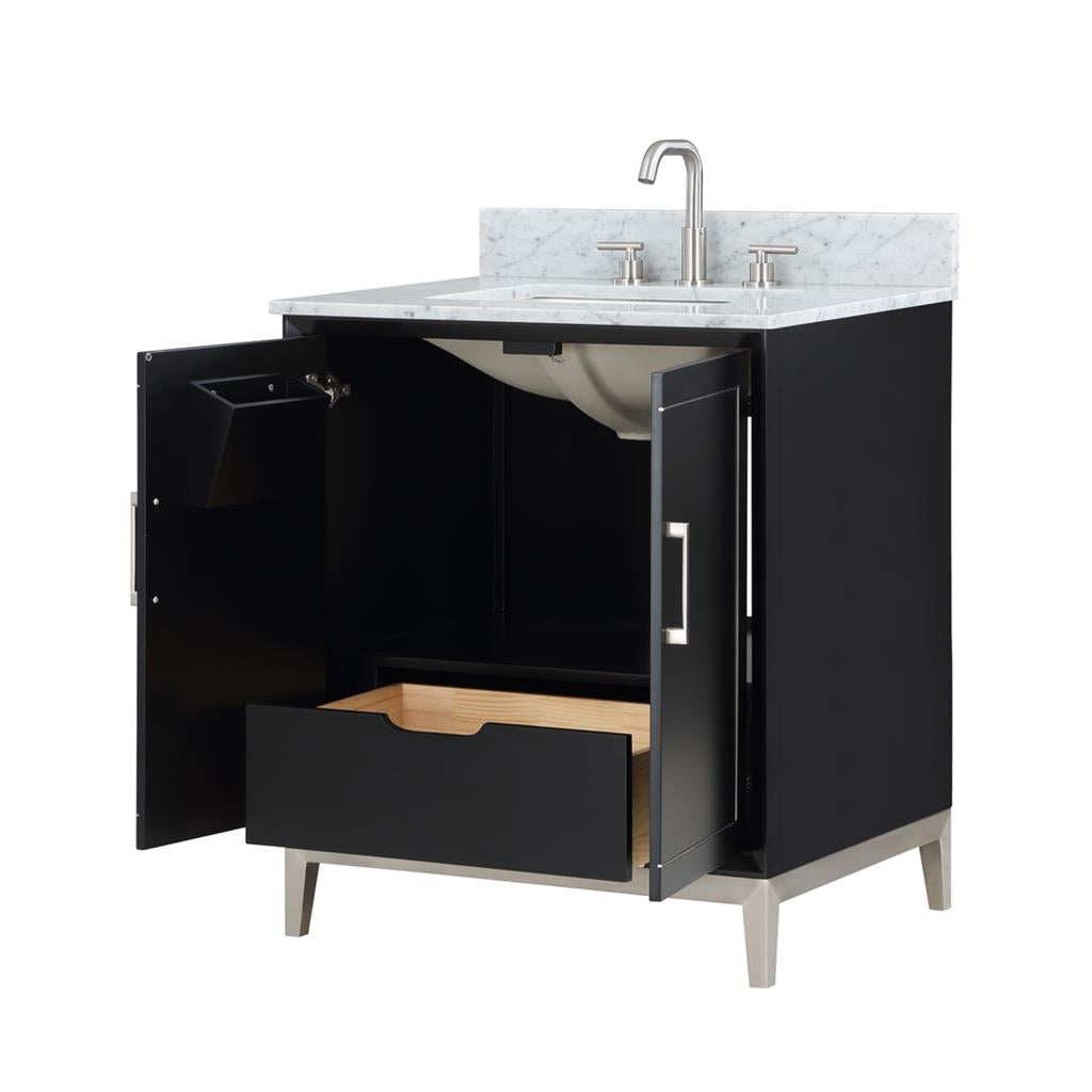 Bemma, Gracie 30" Single Vanity, Midnight Black/Brushed Nickel, Carrara Marble Top#top-options_carrara-marble-top