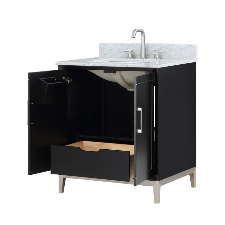 Bemma, Gracie 30" Single Vanity, Midnight Black/Brushed Nickel, Carrara Marble Top#top-options_carrara-marble-top