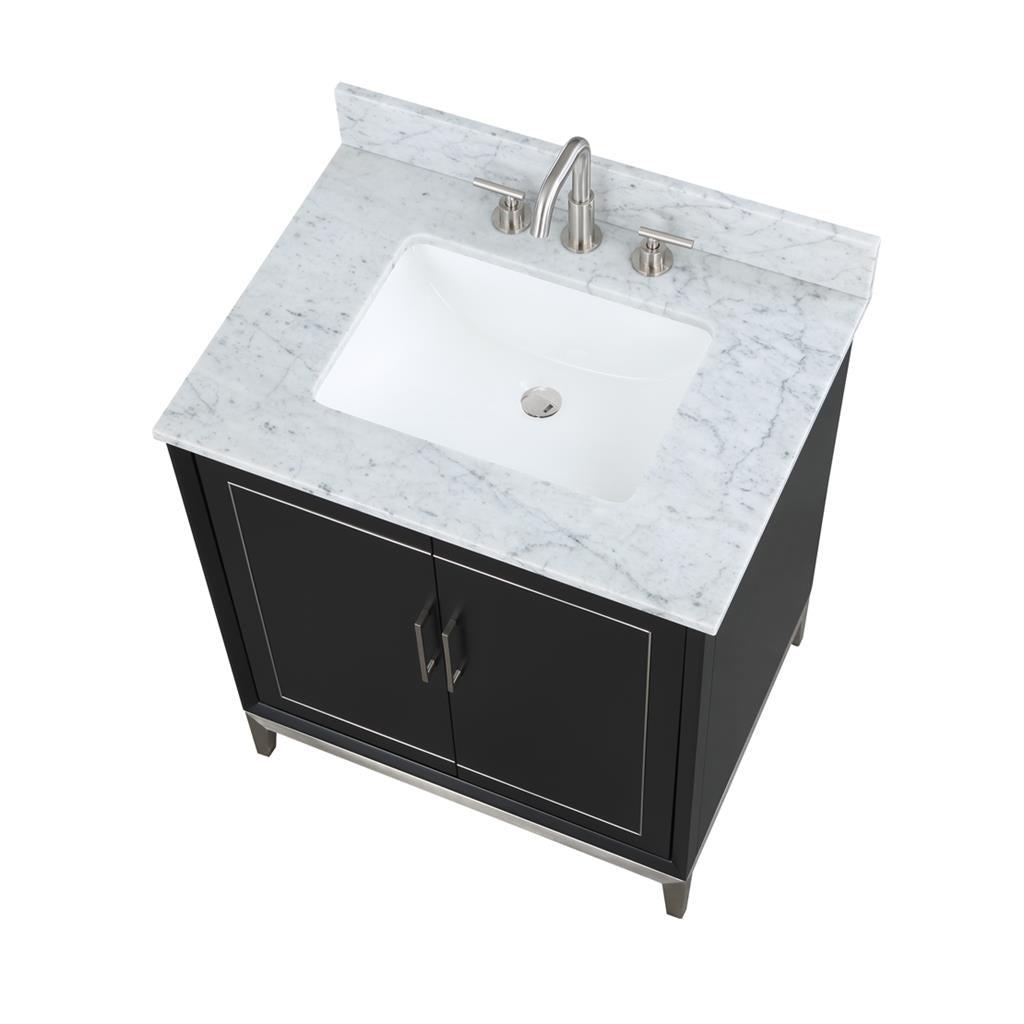 Bemma, Gracie 30" Single Vanity, Midnight Black/Brushed Nickel, Carrara Marble Top#top-options_carrara-marble-top