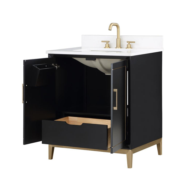 Bemma, Gracie 30" Single Vanity, Midnight Black/Satin BrassWhite Quartz Top#top-options_white-quartz-top