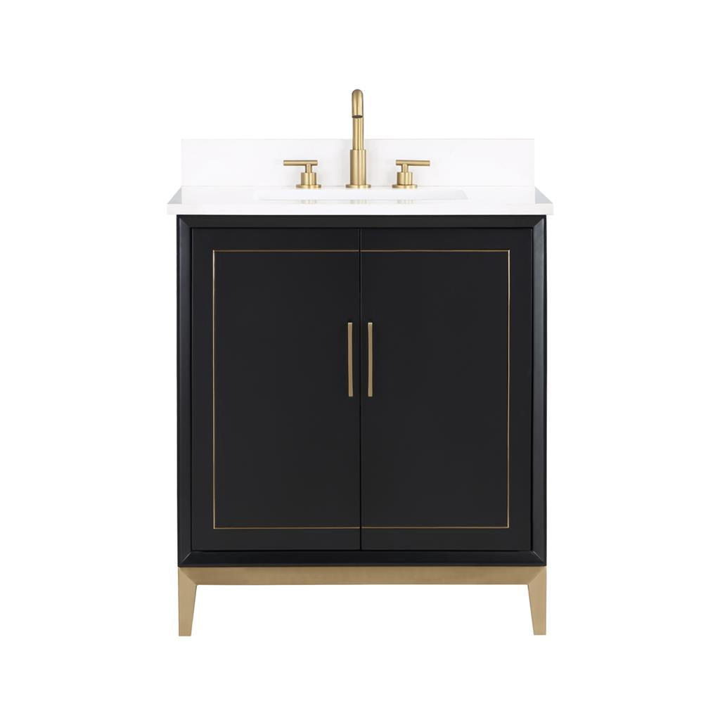 Bemma, Gracie 30" Single Vanity, Midnight Black/Satin BrassWhite Quartz Top#top-options_white-quartz-top