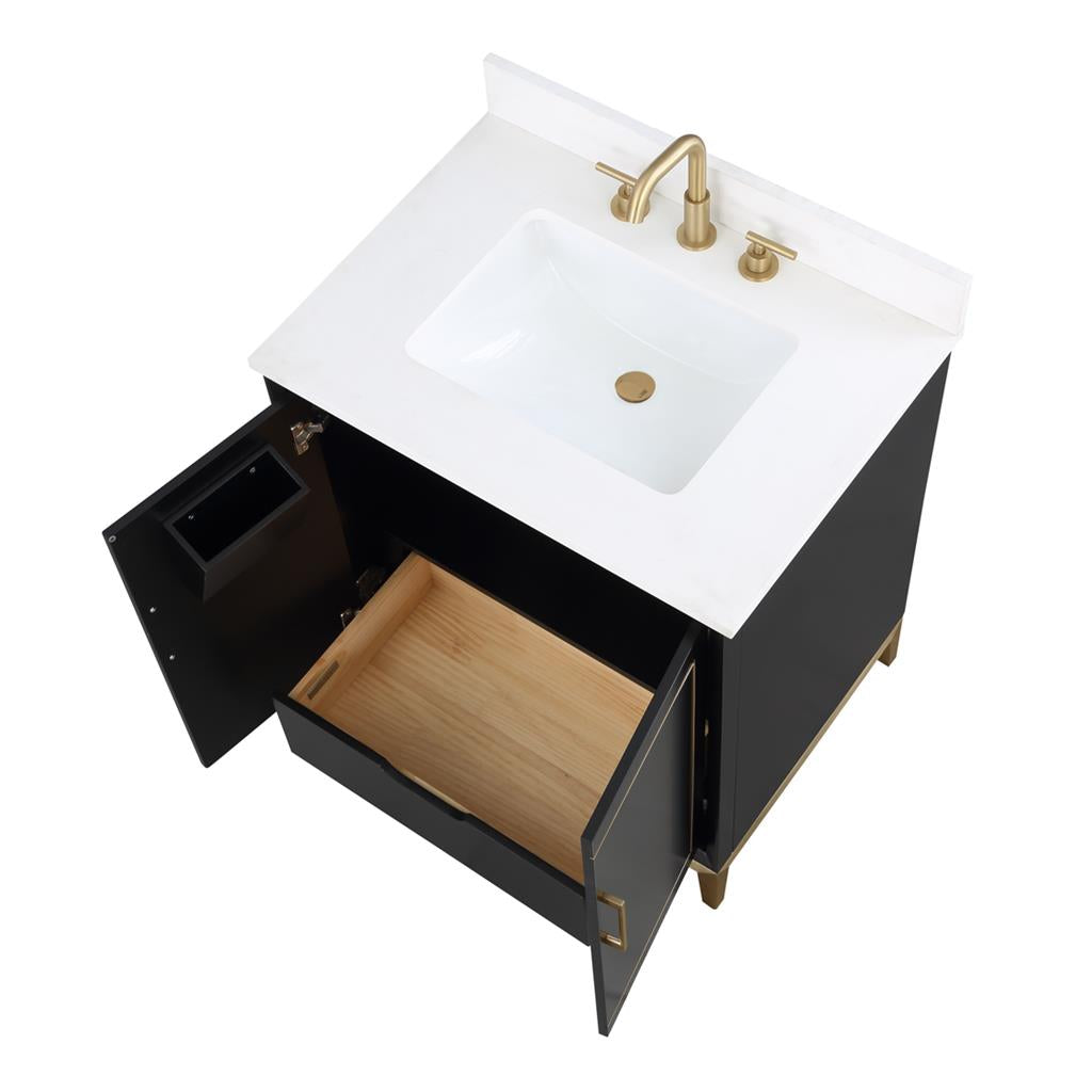 Bemma, Gracie 30" Single Vanity, Midnight Black/Satin BrassWhite Quartz Top#top-options_white-quartz-top