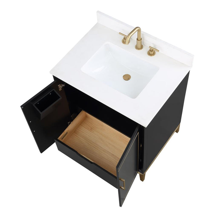 Bemma, Gracie 30" Single Vanity, Midnight Black/Satin BrassWhite Quartz Top#top-options_white-quartz-top