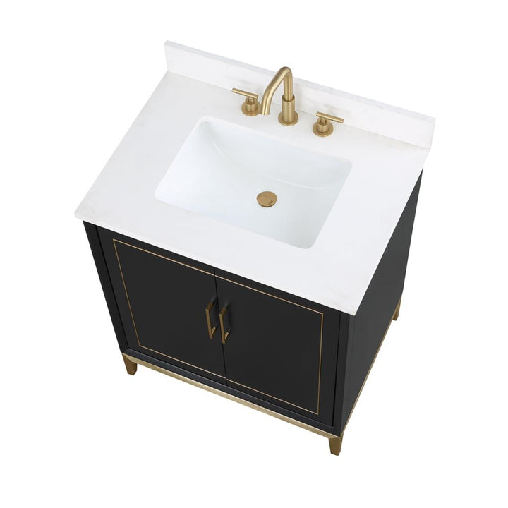 Bemma, Gracie 30" Single Vanity, Midnight Black/Satin BrassWhite Quartz Top#top-options_white-quartz-top