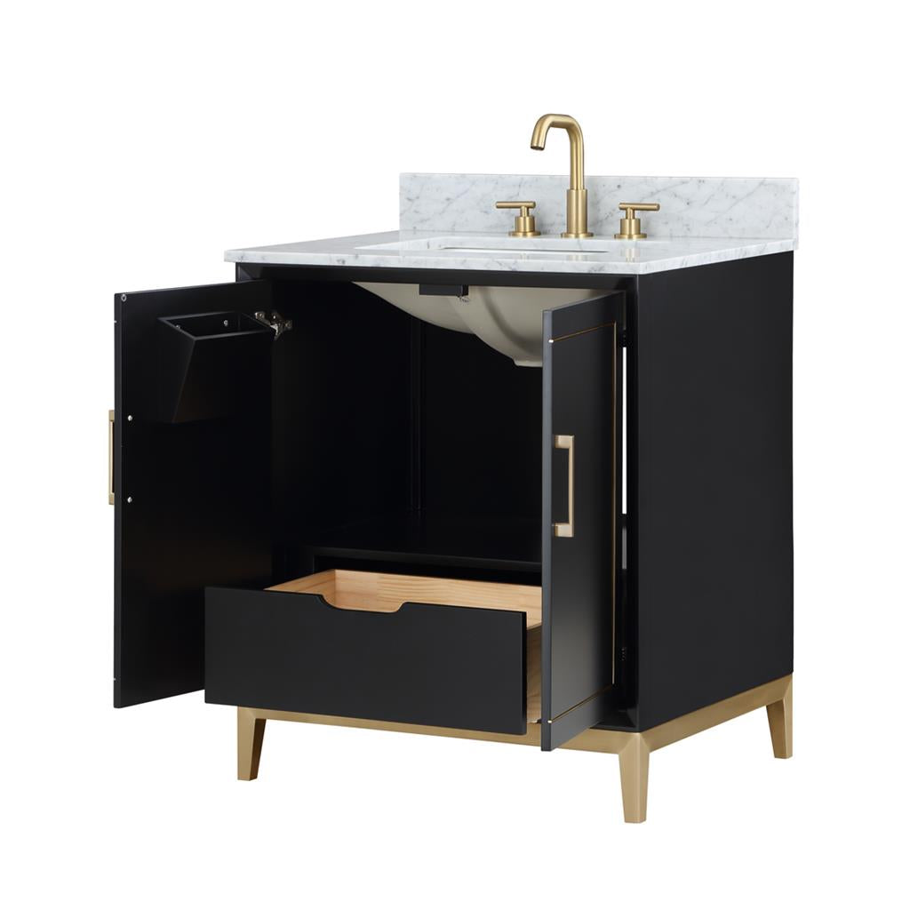 Bemma, Gracie 30" Single Vanity, Midnight Black/Satin Brass, Carrara Marble Top#top-options_carrara-marble-top