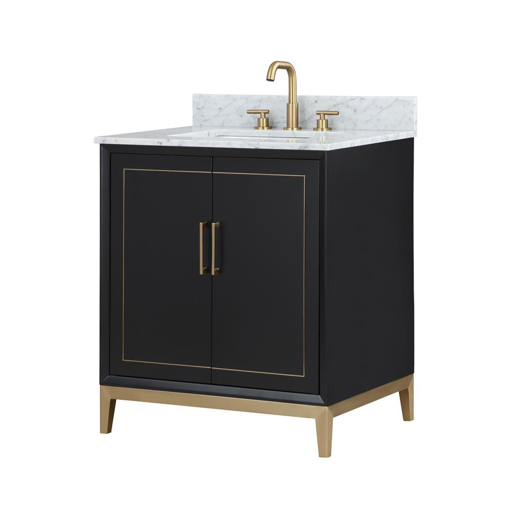 Bemma, Gracie 30" Single Vanity, Midnight Black/Satin Brass, Carrara Marble Top#top-options_carrara-marble-top