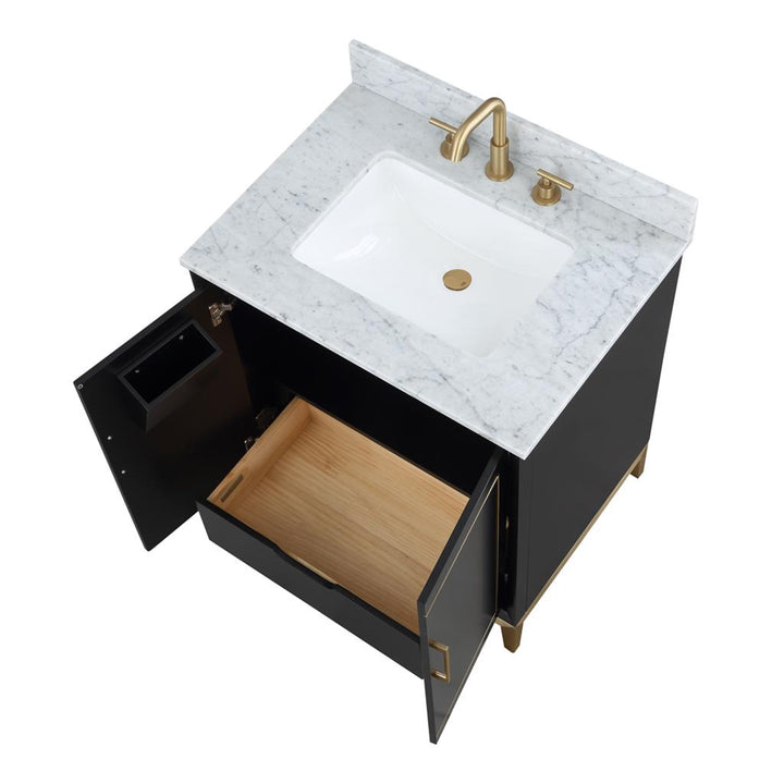 Bemma, Gracie 30" Single Vanity, Midnight Black/Satin Brass, Carrara Marble Top#top-options_carrara-marble-top