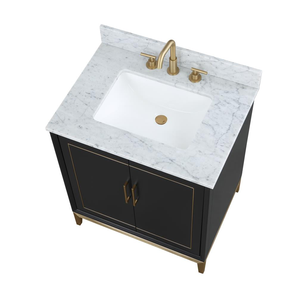 Bemma, Gracie 30" Single Vanity, Midnight Black/Satin Brass, Carrara Marble Top#top-options_carrara-marble-top