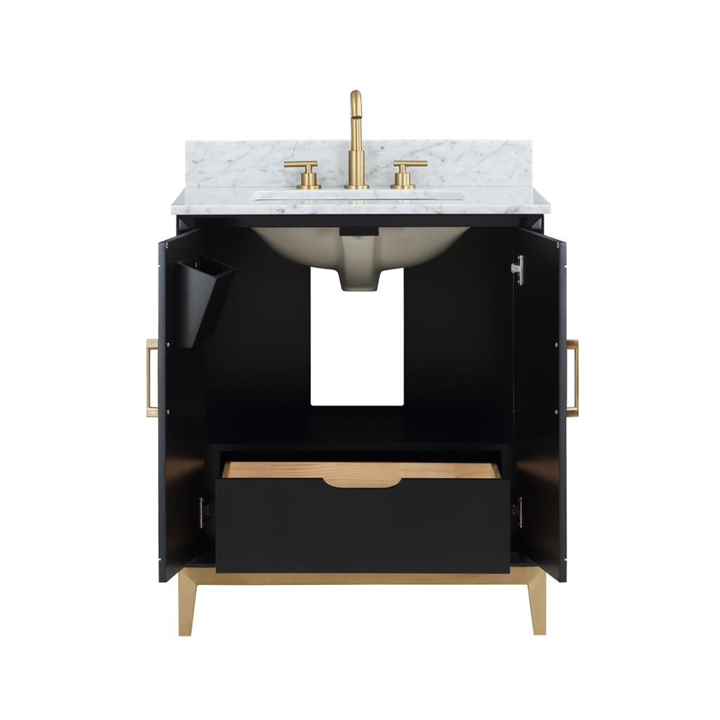 Bemma, Gracie 30" Single Vanity, Midnight Black/Satin Brass, Carrara Marble Top#top-options_carrara-marble-top