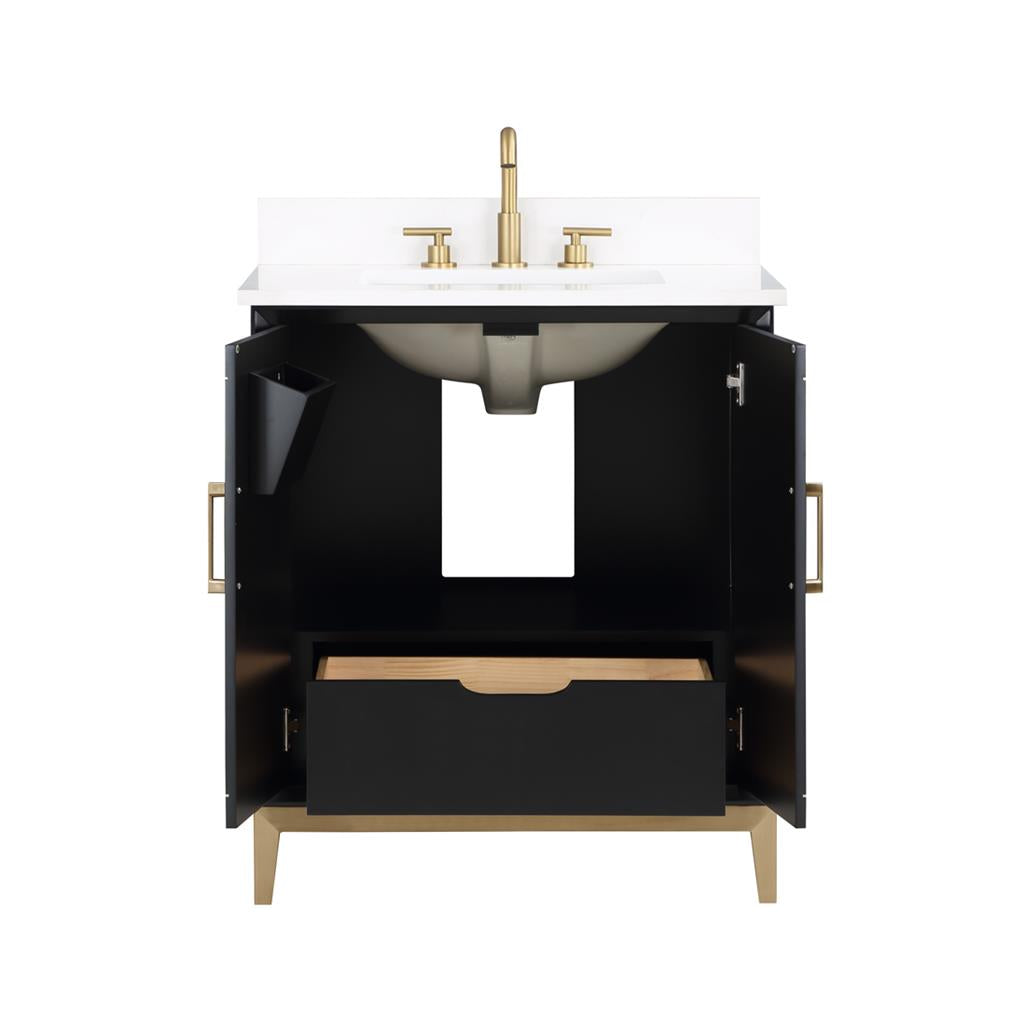 Bemma, Gracie 30" Single Vanity, Midnight Black/Satin BrassWhite Quartz Top#top-options_white-quartz-top