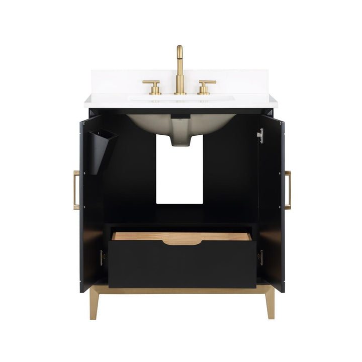 Bemma, Gracie 30" Single Vanity, Midnight Black/Satin BrassWhite Quartz Top#top-options_white-quartz-top