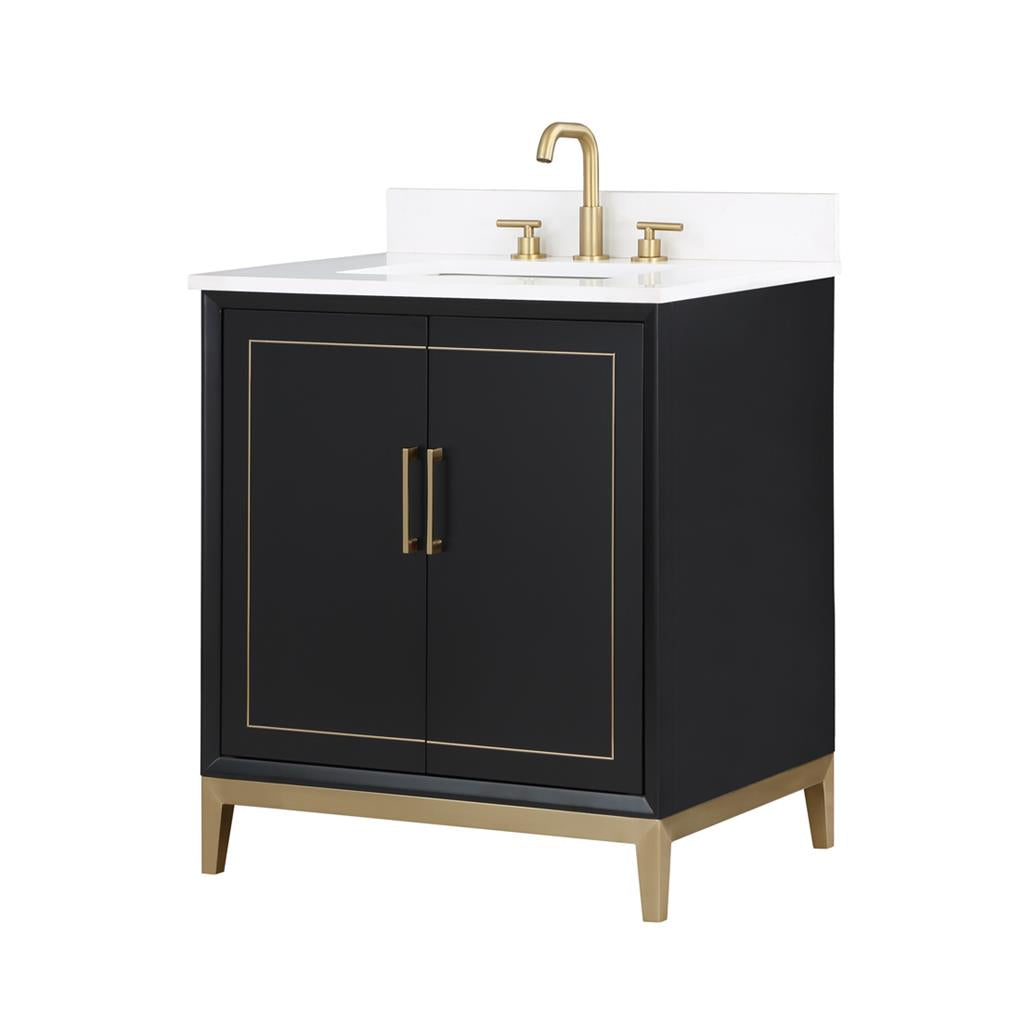 Bemma, Gracie 30" Single Vanity, Midnight Black/Satin BrassWhite Quartz Top#top-options_white-quartz-top