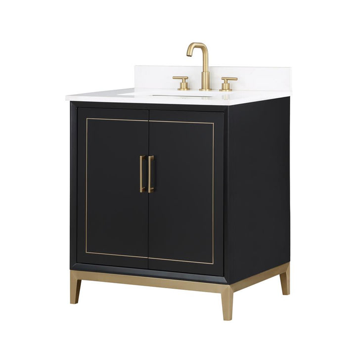 Bemma, Gracie 30" Single Vanity, Midnight Black/Satin BrassWhite Quartz Top#top-options_white-quartz-top