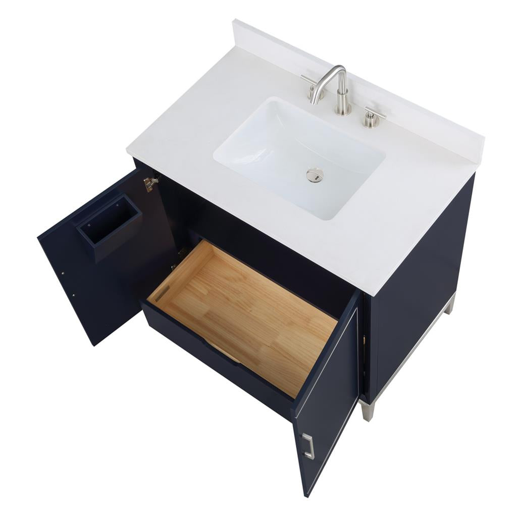 Bemma, Gracie 36" Single Vanity, Pacific Blue/Brushed Nickel, White Quartz Top#top-options_white-quartz-top