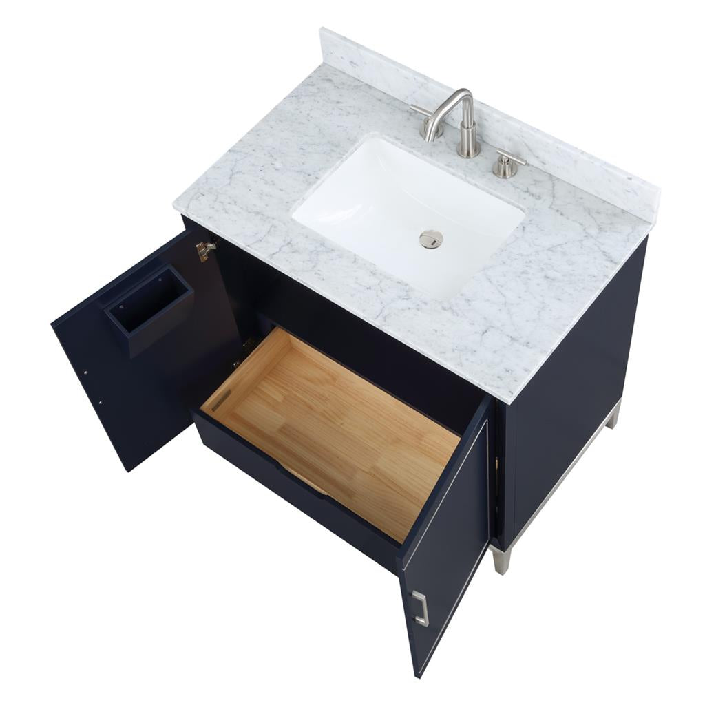 Bemma, Gracie 36" Single Vanity, Pacific Blue/Brushed Nickel, Carrara Marble Top#top-options_carrara-marble-top