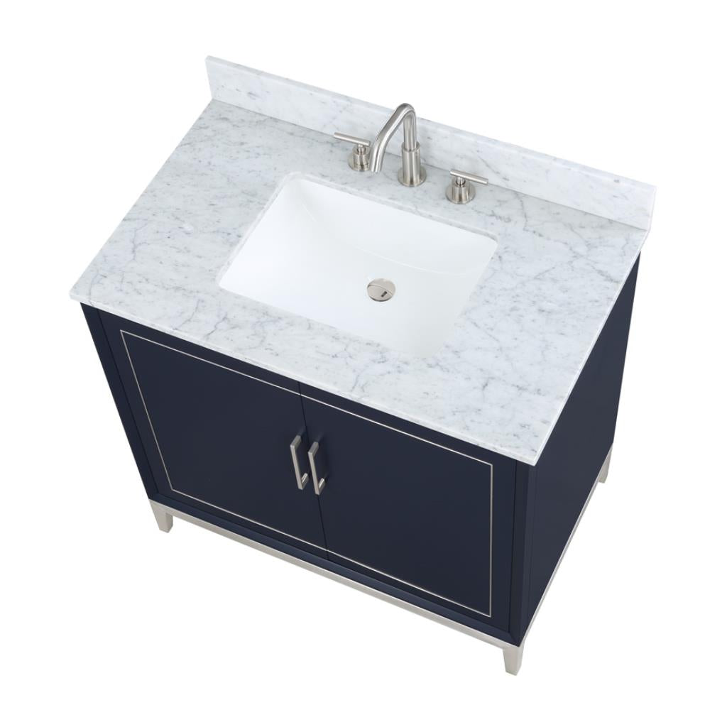 Bemma, Gracie 36" Single Vanity, Pacific Blue/Brushed Nickel, Carrara Marble Top#top-options_carrara-marble-top