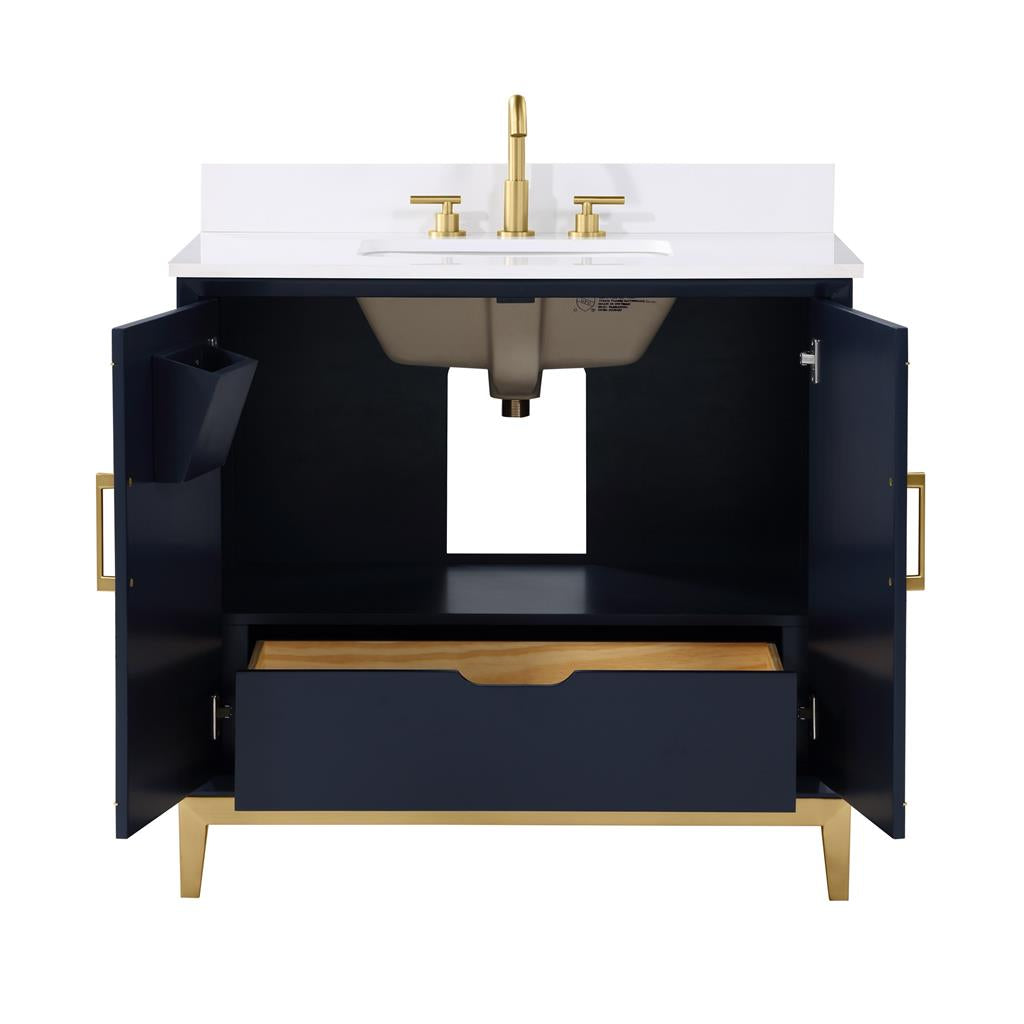 Bemma, Gracie 36" Single Vanity, Pacific Blue/Satin Brass, White Quartz Top#top-options_white-quartz-top
