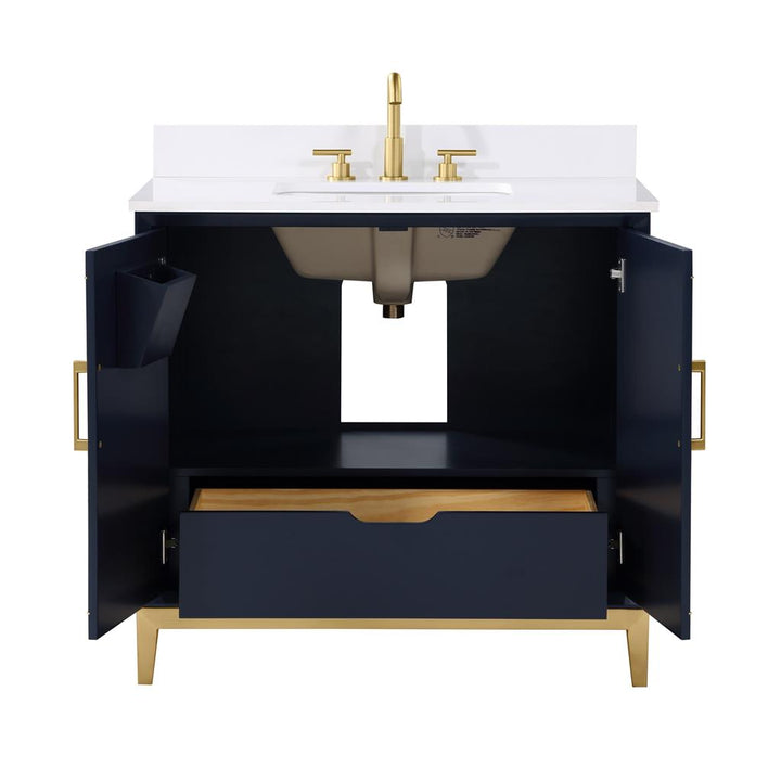Bemma, Gracie 36" Single Vanity, Pacific Blue/Satin Brass, White Quartz Top#top-options_white-quartz-top