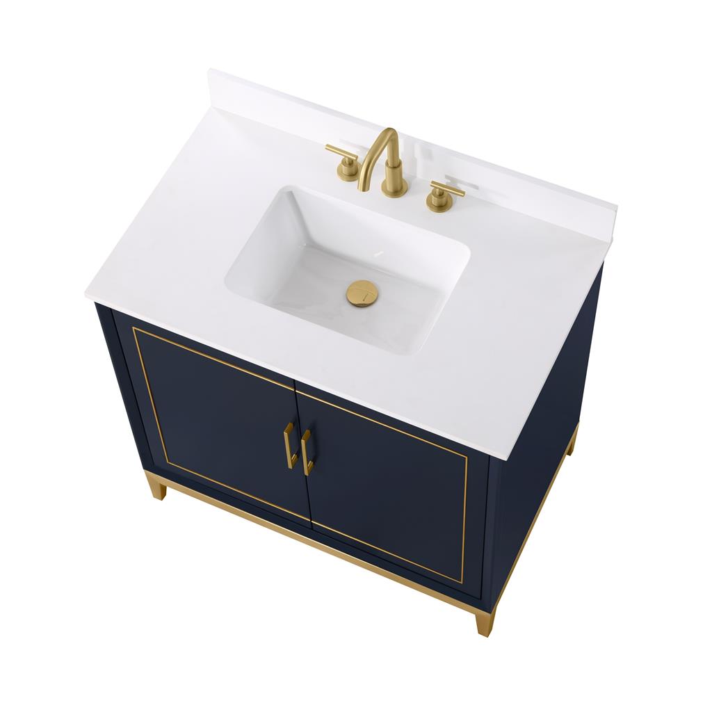Bemma, Gracie 36" Single Vanity, Pacific Blue/Satin Brass, White Quartz Top#top-options_white-quartz-top