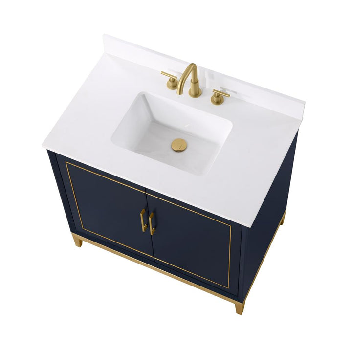 Bemma, Gracie 36" Single Vanity, Pacific Blue/Satin Brass, White Quartz Top#top-options_white-quartz-top