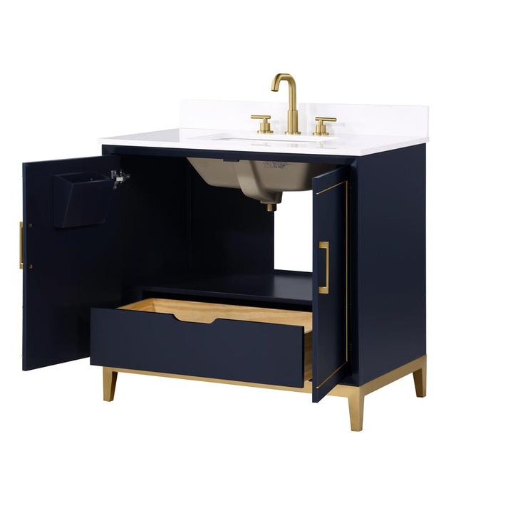 Bemma, Gracie 36" Single Vanity, Pacific Blue/Satin Brass, White Quartz Top#top-options_white-quartz-top