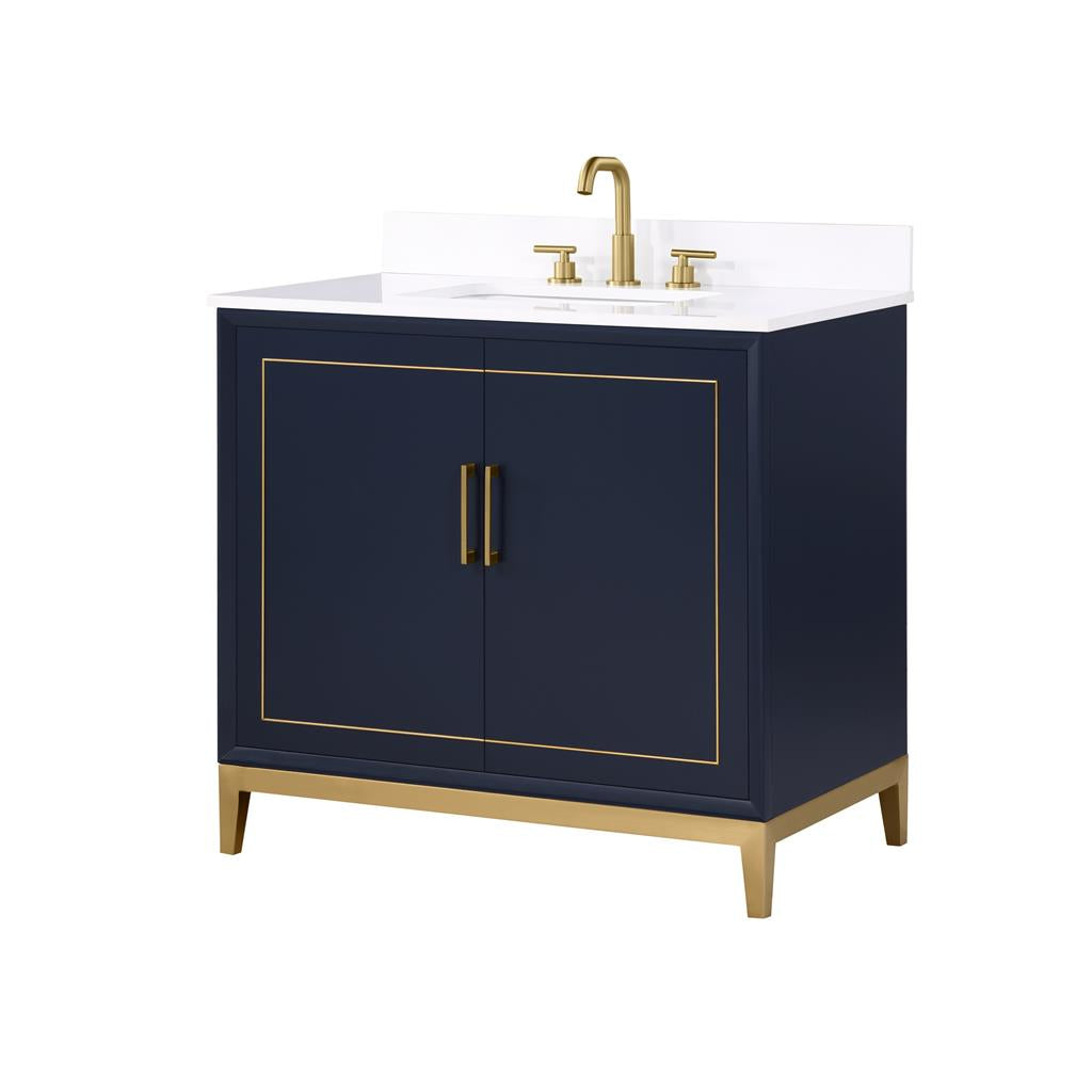 Bemma, Gracie 36" Single Vanity, Pacific Blue/Satin Brass, White Quartz Top#top-options_white-quartz-top