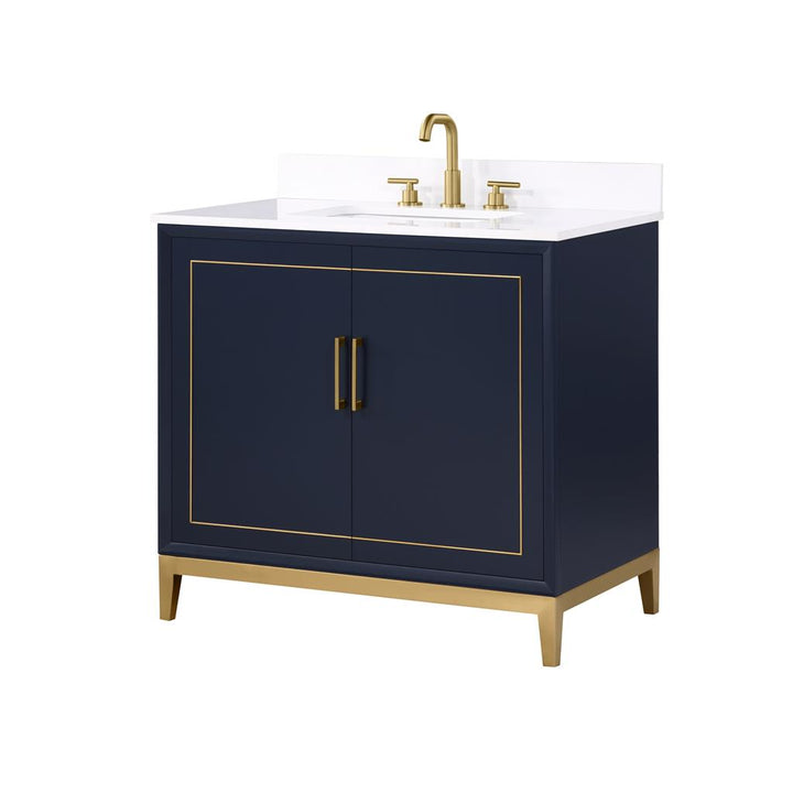 Bemma, Gracie 36" Single Vanity, Pacific Blue/Satin Brass, White Quartz Top#top-options_white-quartz-top