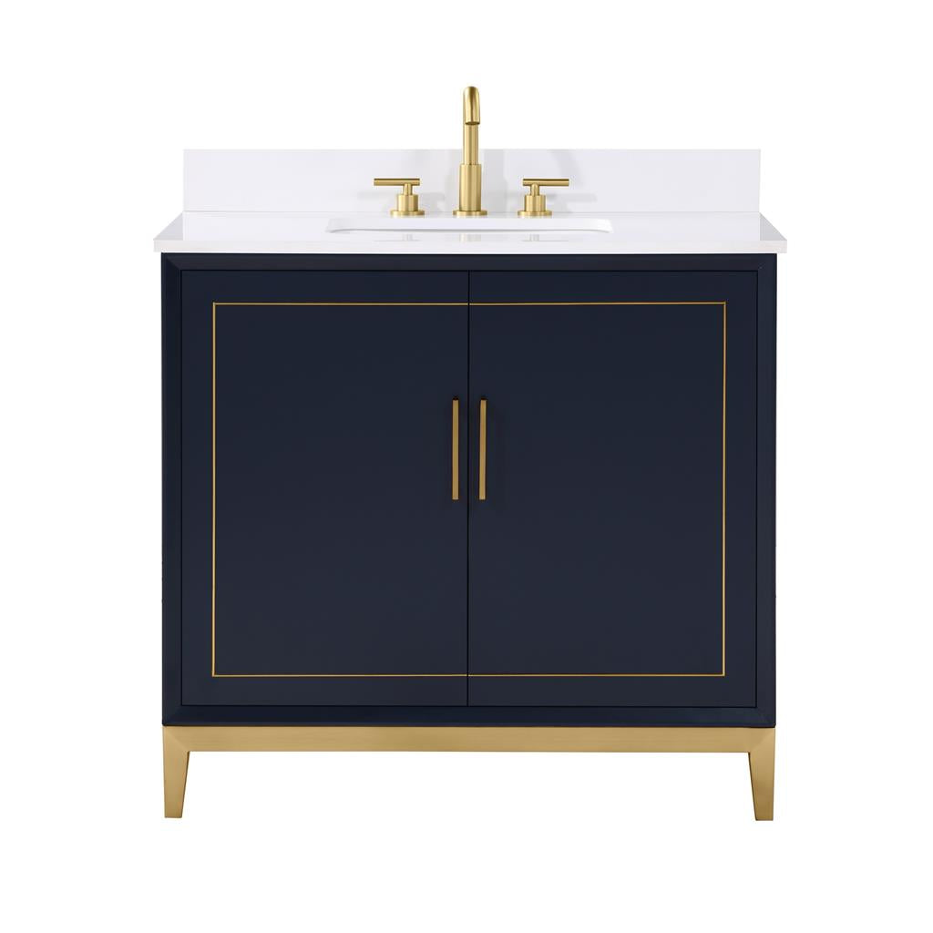 Bemma, Gracie 36" Single Vanity, Pacific Blue/Satin Brass, White Quartz Top#top-options_white-quartz-top