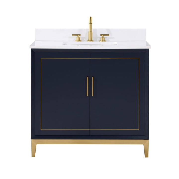 Bemma, Gracie 36" Single Vanity, Pacific Blue/Satin Brass, White Quartz Top#top-options_white-quartz-top