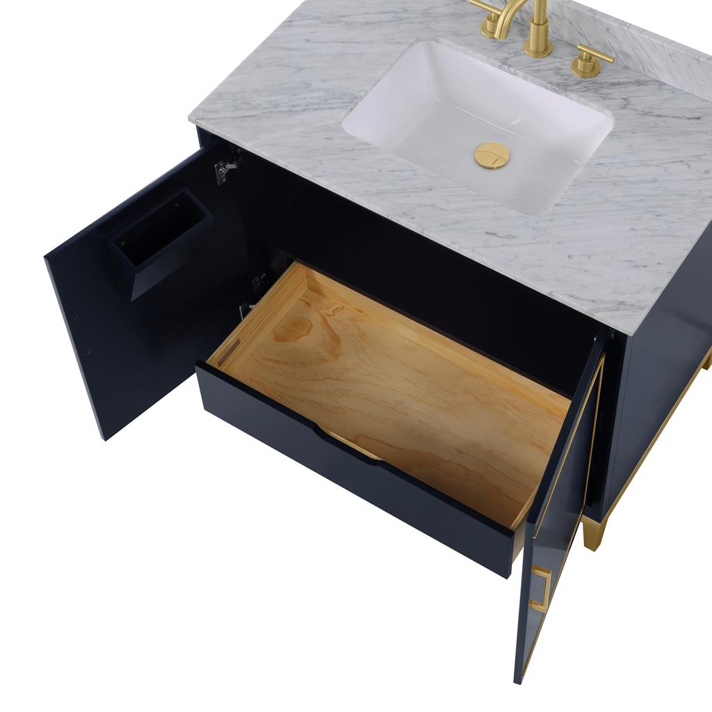 Bemma, Gracie 36" Single Vanity, Pacific Blue/Satin Brass, Carrara Marble Top#top-options_carrara-marble-top