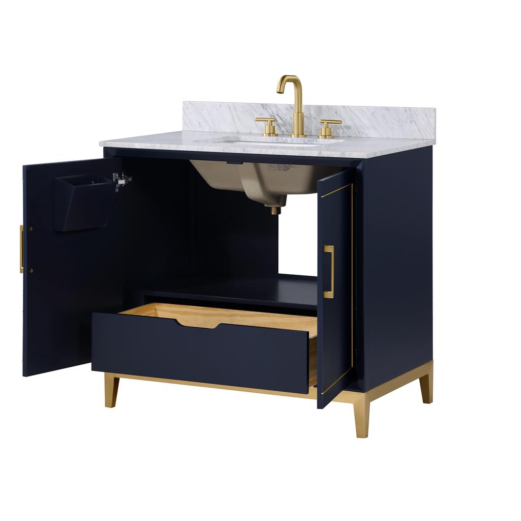 Bemma, Gracie 36" Single Vanity, Pacific Blue/Satin Brass, Carrara Marble Top#top-options_carrara-marble-top