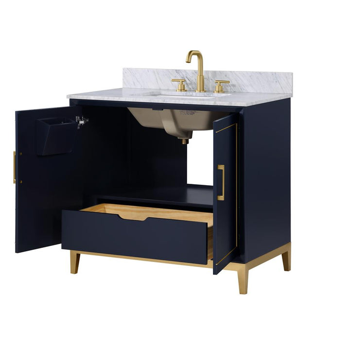 Bemma, Gracie 36" Single Vanity, Pacific Blue/Satin Brass, Carrara Marble Top#top-options_carrara-marble-top