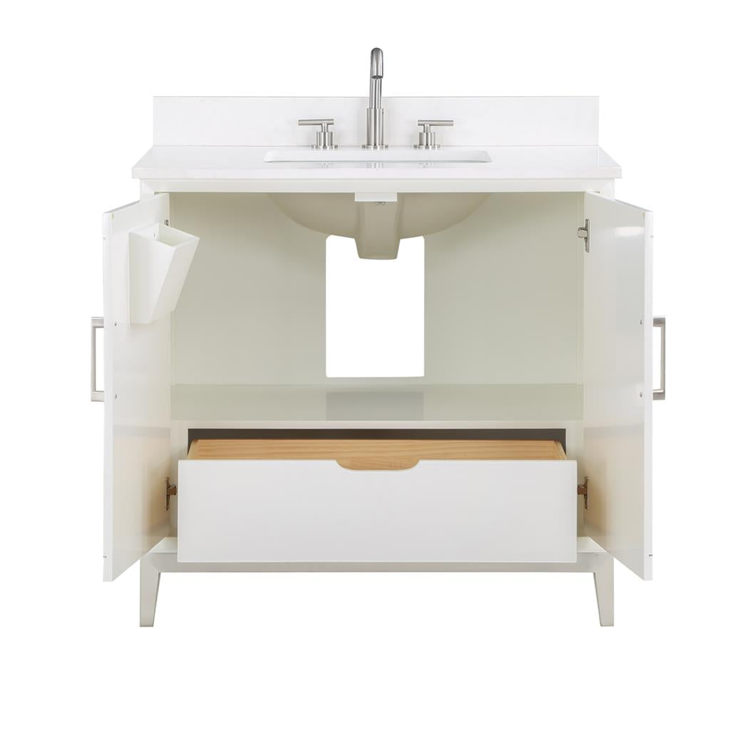 Bemma, Gracie 36" Single Vanity, Satin, White/Brushed Nickel, White Quartz Top#top-options_white-quartz-top