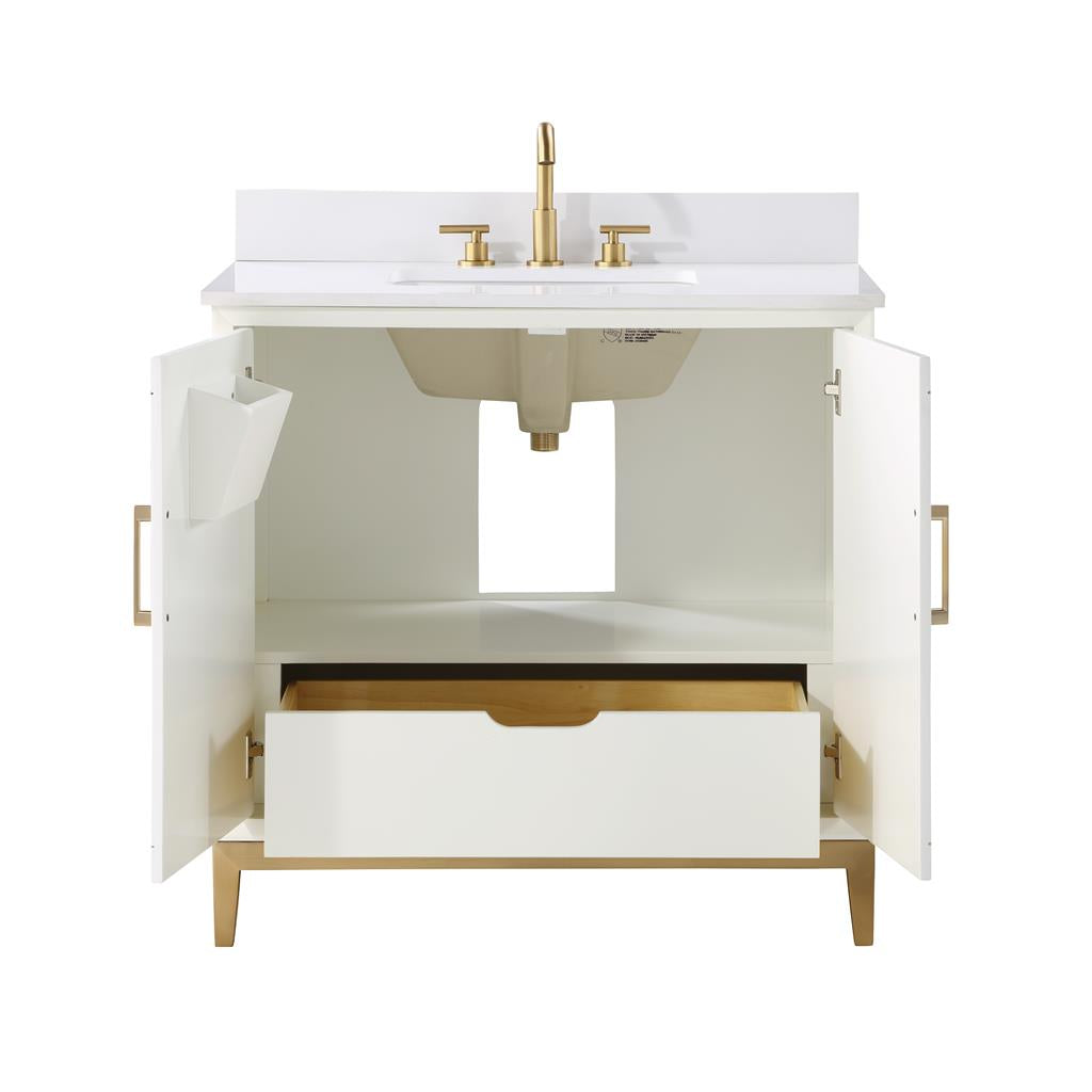 Bemma, Gracie 36" Single Vanity, Satin, White/Satin Brass, White Quartz Top#top-options_white-quartz-top