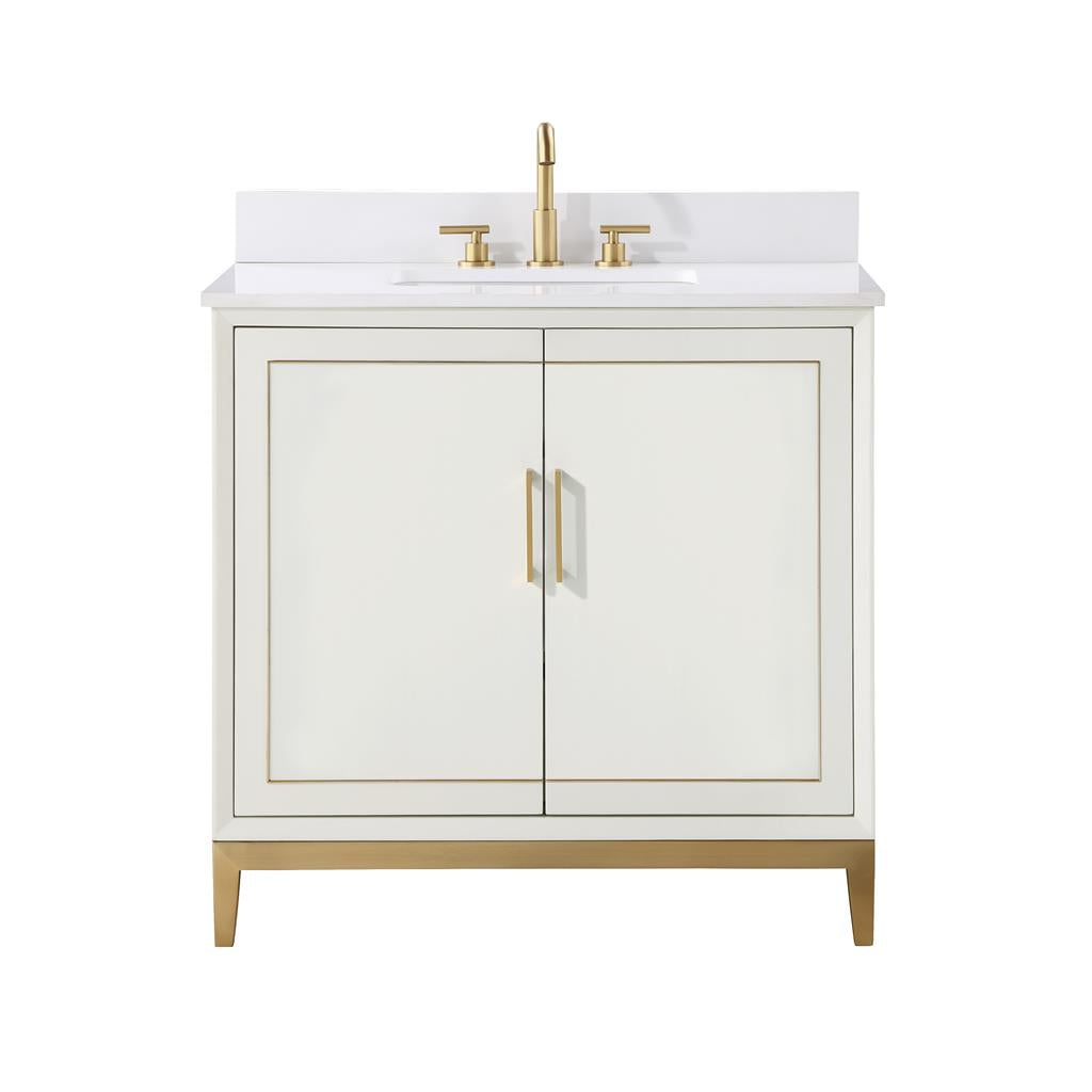 Bemma, Gracie 36" Single Vanity, Satin, White/Satin Brass, White Quartz Top#top-options_white-quartz-top