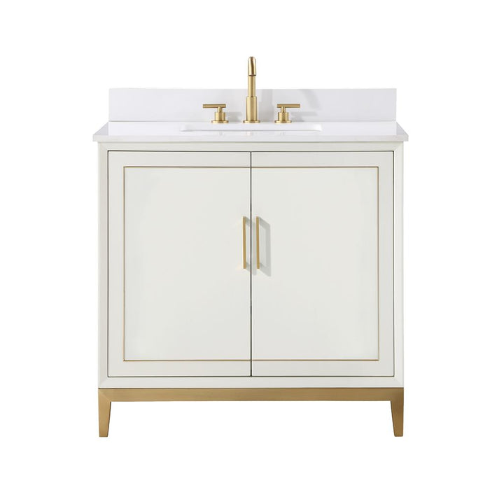 Bemma, Gracie 36" Single Vanity, Satin, White/Satin Brass, White Quartz Top#top-options_white-quartz-top